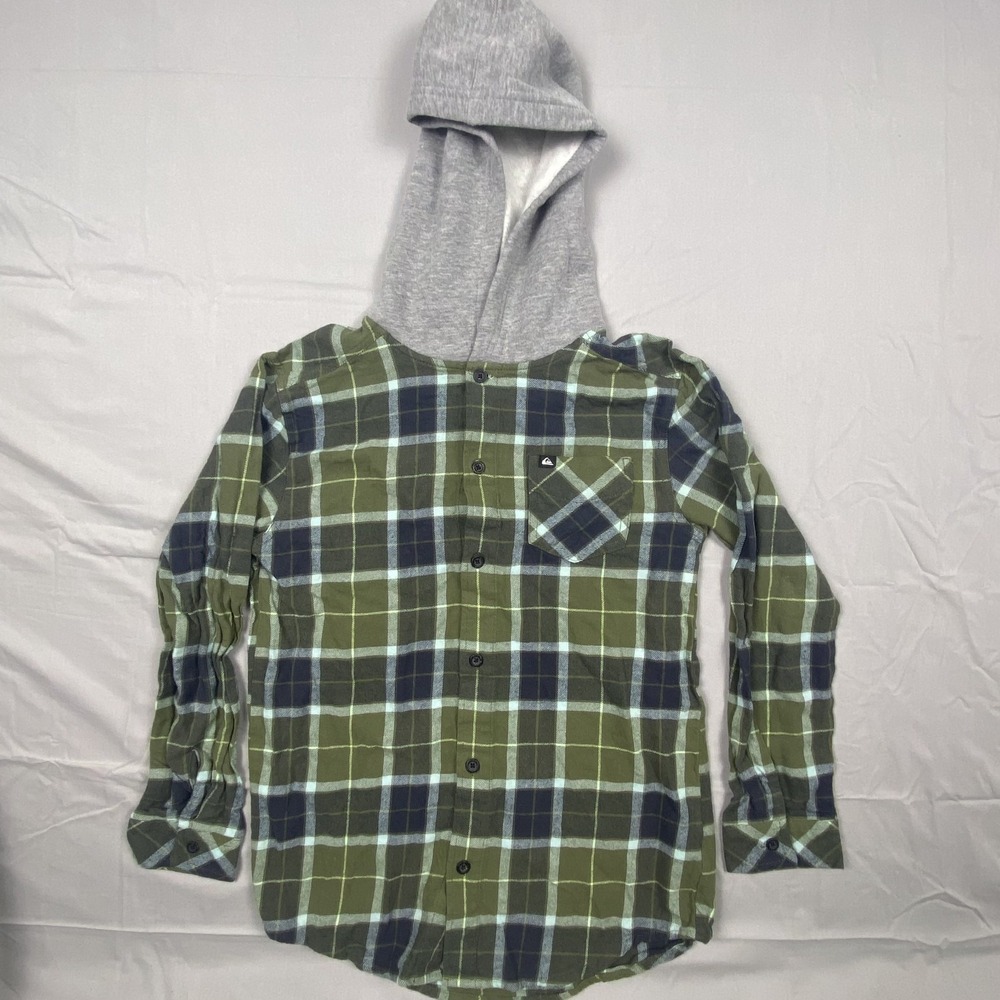 Quiksilver Boys Hooded Plaid Flannel Shirt‎ Large  14/16 Green Blue Cotton